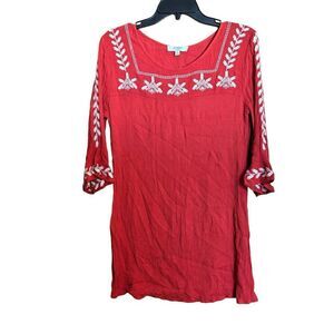 UMGEE Tunic Top Womens Medium Orange White Boho Embroidered Gauze Blouse